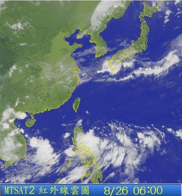圖為8/26 6:00台灣的衛星雲圖。圖片來源：中央氣象局。   
