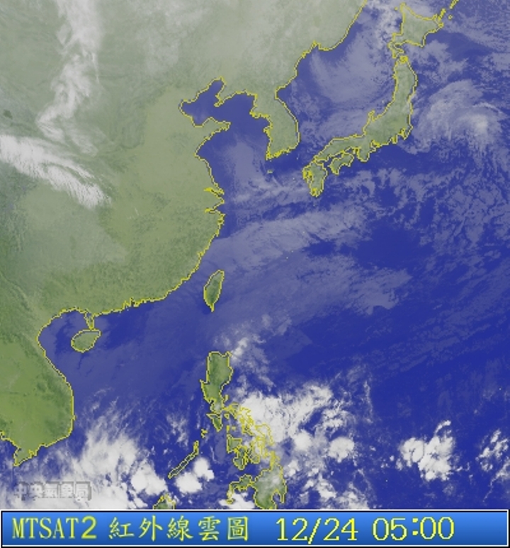 圖為12/24 5:00台灣的衛星雲圖。圖片來源：中央氣象局。   