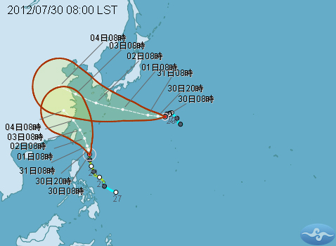 中央氣象局今天說，輕颱蘇拉的強度持續增強，可能今天就會轉為中颱，預計午後就會發布海上颱風警報。圖片來源：翻攝自中央氣象局網站。   