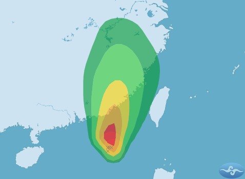 氣象局今(14)日下午指出，位在台灣西南西海面上的熱帶低壓已增強為輕度颱風哈吉貝。圖：翻攝自中央氣象局官網。   