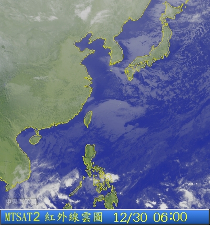 圖為12/30 6:00台灣的衛星雲圖。圖片來源：中央氣象局。   