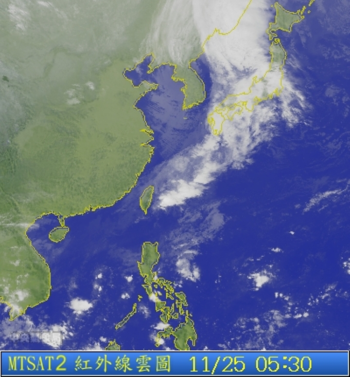 圖為11/25 5:30台灣的衛星雲圖。圖片來源：中央氣象局。   