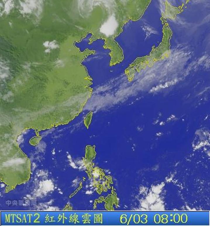 圖為6/3 8:00台灣的衛星雲圖。圖片來源：中央氣象局。   