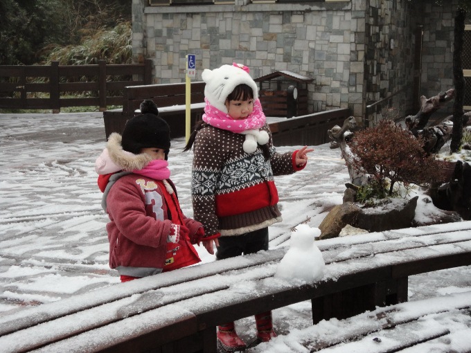 春節期間，太平山森林遊樂區降雪，小朋友樂堆小雪人。圖：林務局提供   