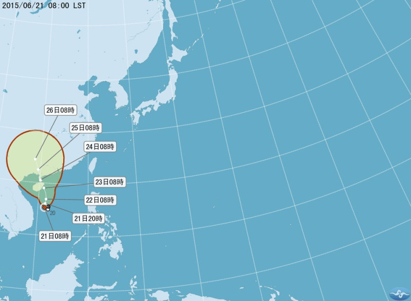 中央氣象局宣布，原本位於南海上的熱帶性低氣壓，已於21日上午8時形成輕度颱風「鯨魚」(編號第08號，國際命名KUJIRA)。圖：中央氣象局   