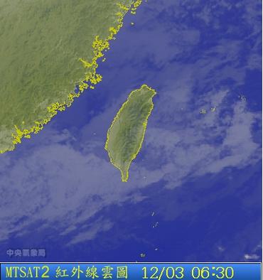 未來一週，大陸冷氣團影響期間，氣溫較低，請注意保暖。圖為12/03 06:30台灣的衛星雲圖。圖片來源：中央氣象局   