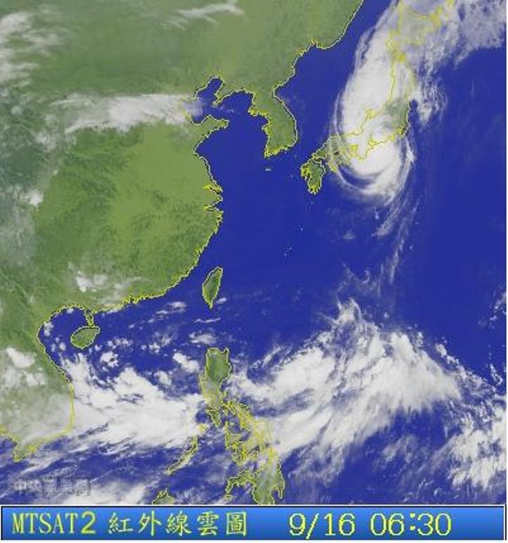 圖為9/16 6:30台灣的衛星雲圖。圖片來源：中央氣象局。   