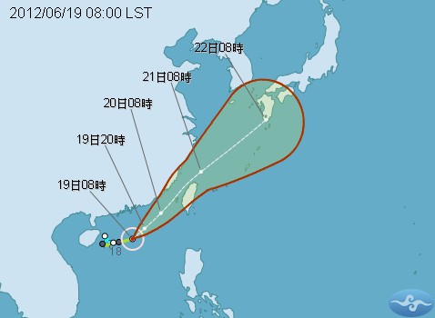 泰利颱風路徑潛勢預測。圖片來源：中央氣象局。   