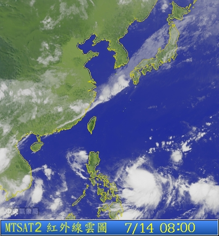 圖為7/14 8:00台灣的衛星雲圖。圖片來源：中央氣象局。   