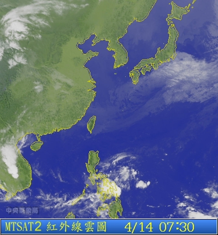 圖為4/14 7:30台灣的衛星雲圖。圖片來源：中央氣象局。   