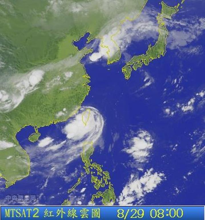 圖為8/29 8:00台灣的衛星雲圖。圖片來源：中央氣象局。   