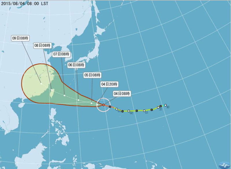 中央氣象局表示，若強颱蘇迪勒移動路徑不變，預計最快於6日發布海上颱風警報。圖：翻攝自氣象局網站   