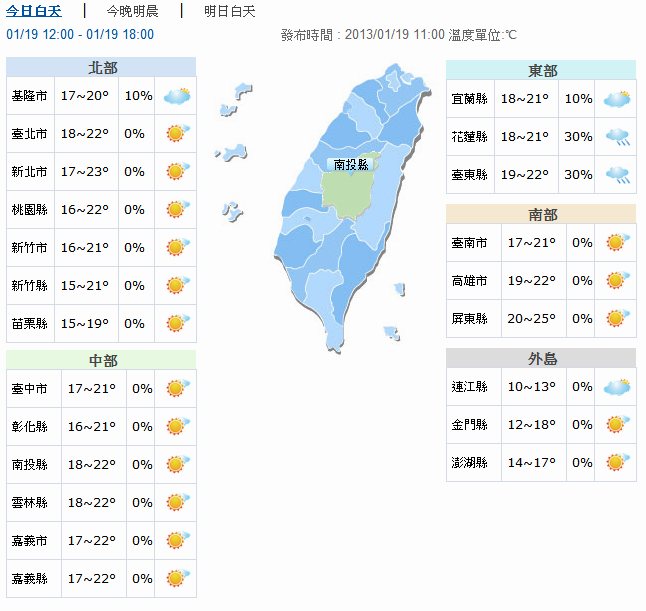 中央氣象局資料指出，昨（18）日入夜寒流大發威，嘉義地區今（19）日清晨氣溫僅攝氏8.7度，不過今天白天氣溫將回升，各地高溫可望突破20度，不過入夜後氣溫仍會下降。圖片來源：中央氣象局網站   