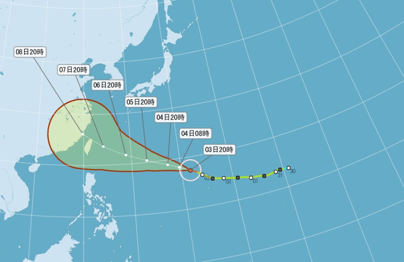 中央氣象局指出，今年第13號颱風蘇迪勒今晚8點由中度颱風增強為強烈颱風，最快6日發布海上警報，並不排除發布陸上警報。圖：擷取自中央氣象局官方網站   