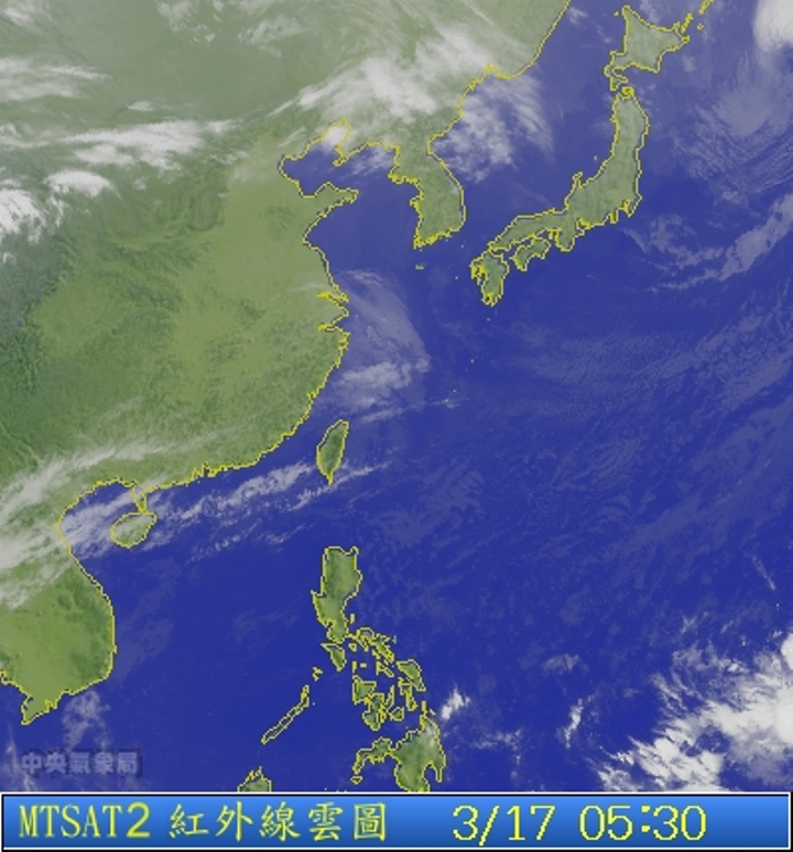 圖為3/17 5:30台灣的衛星雲圖。圖片來源：中央氣象局。   