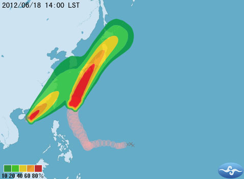 中央氣象局今天說，輕颱泰利加上中颱谷超，雙颱帶來的雨量可能會比上週更驚人。圖片來源：翻攝自中央氣象局網站。   