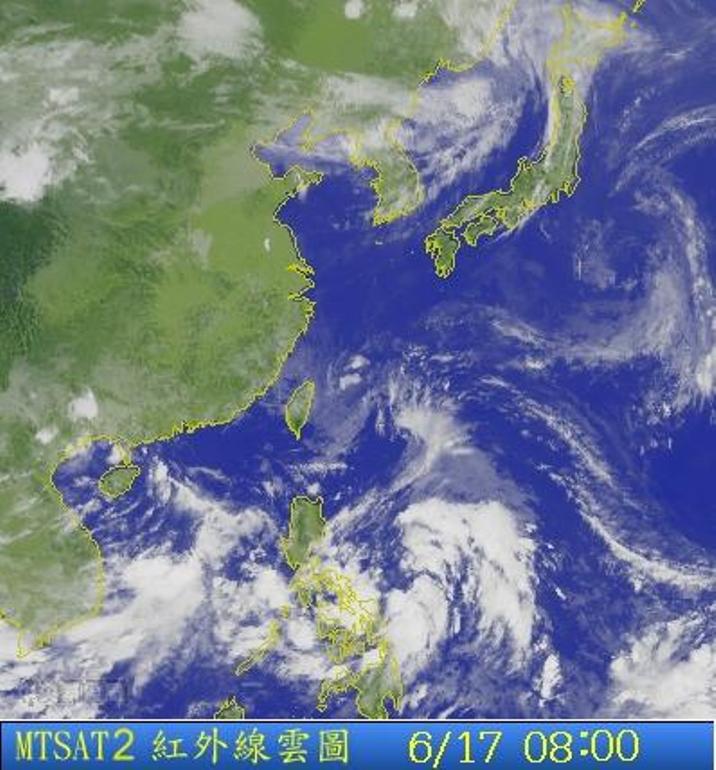 圖為6/17 8:00台灣的衛星雲圖。圖片來源：中央氣象局。   