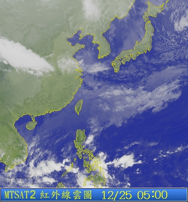 圖為12/25 5:00台灣的衛星雲圖。圖片來源：中央氣象局。   