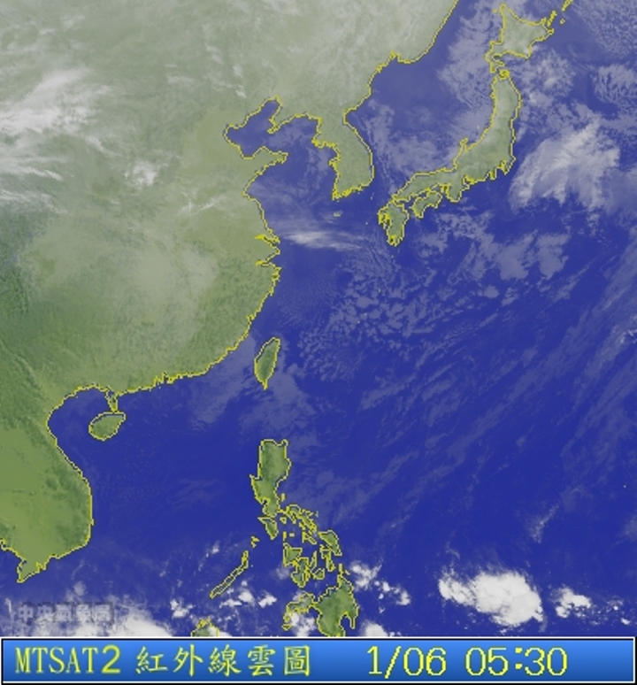 圖為1/6 5:30台灣的衛星雲圖。圖片來源：中央氣象局。   