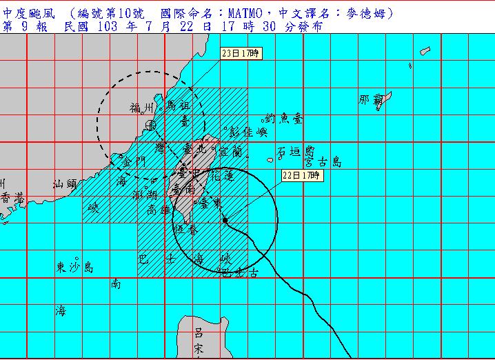 中央氣象局今(22)日下午表示，因麥德姆路徑不穩，現在可能改由花蓮或台東北端登陸。圖：翻攝自氣象局官網。   