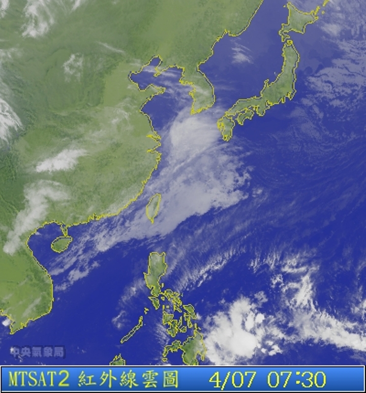 圖為4/07 7:30台灣的衛星雲圖。圖片來源：中央氣象局。   