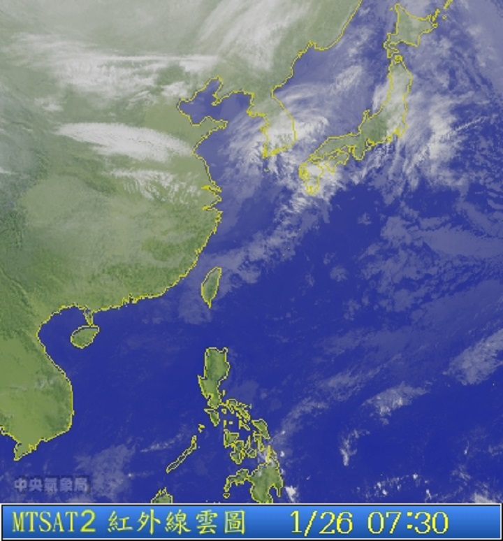 圖為1/26 7:30衛星雲圖。圖片來源：中央氣象局。   