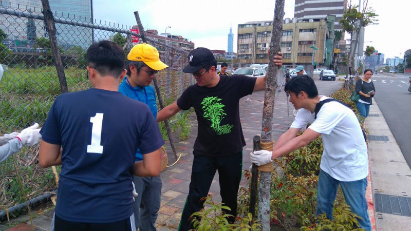 14日有10名志工響應李惠仁導演的「自己的行道樹，自己救！」行動，眾人在3小時內扶正了市民大道8段的10顆樹。圖:翻攝自李惠仁臉書   