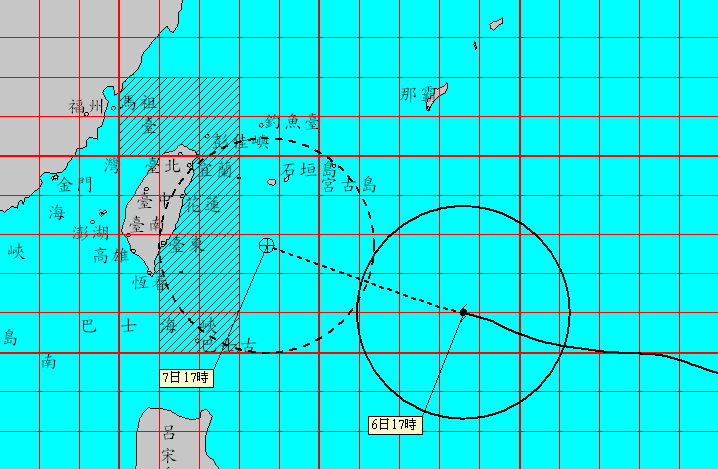 蘇迪勒颱風在6日下午5點30分的7級風暴半徑280公里，10級風暴半徑100公里，並以每小時23公里的速度持續朝西北西進行。圖：中央氣象局官網   