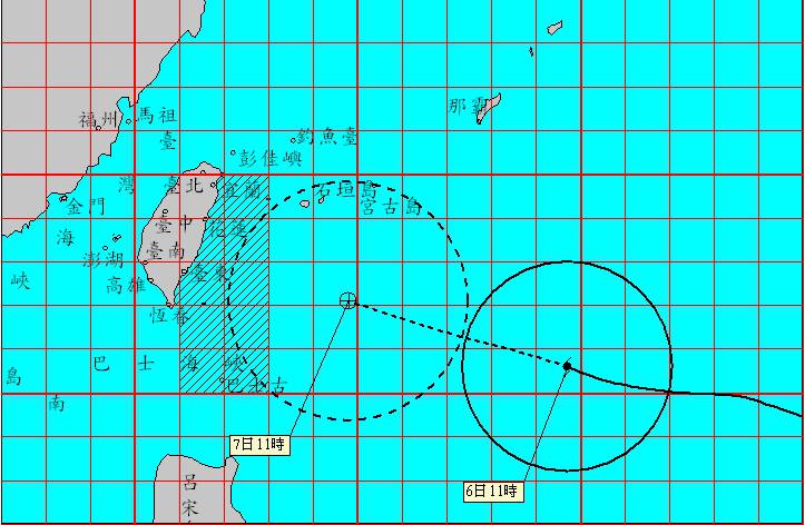 中央氣象局6日11點30分發布今年第13號中度颱風蘇迪勒的海上颱風警報。圖：中央氣象局   