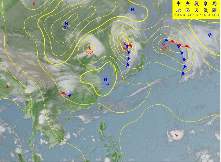 據中央氣象局預測，首波梅雨鋒面週日(4日)晚起至下週四(8日) 長達4天影響台灣，全台有雨。圖：翻攝自氣象局網站   