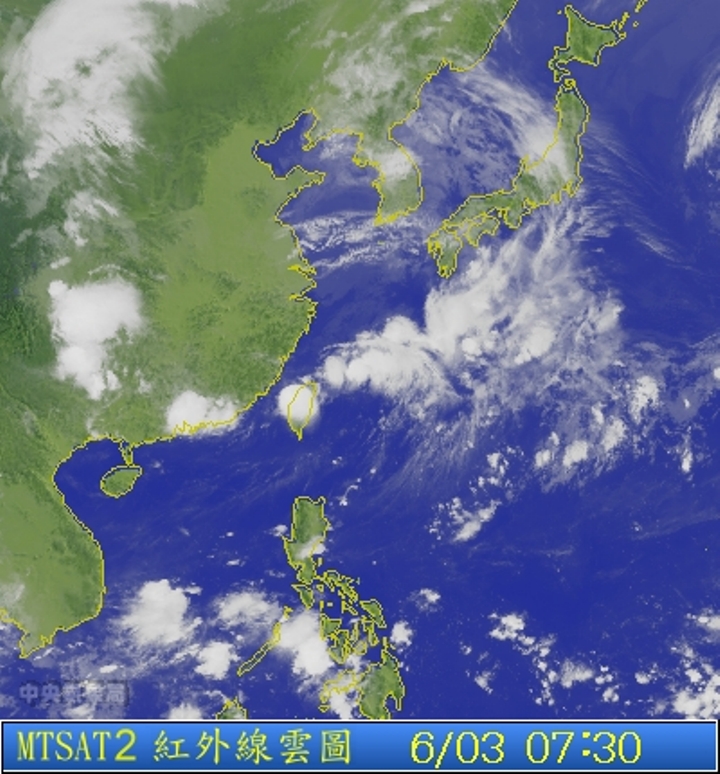 圖為6/03 7:30台灣的衛星雲圖。圖片來源：中央氣象局。   