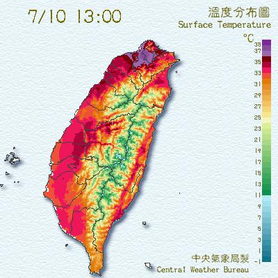 中央氣象局今天說，台北市中午的高溫已達38.3度，突破入夏以來的最高溫。圖片來源：翻攝自中央氣象局網站。   