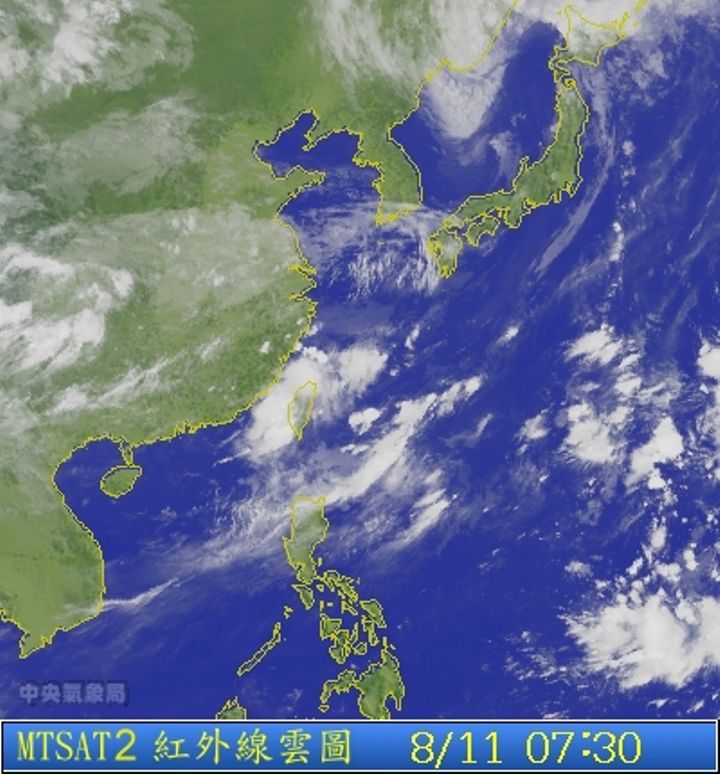 圖為8/11 7:30台灣的衛星雲圖。圖片來源：中央氣象局。   