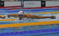 美國泳壇巨星「飛魚」費爾普斯4日結束倫敦奧運最後一戰拿下第18面奧運金牌。圖片來源：中央社。   