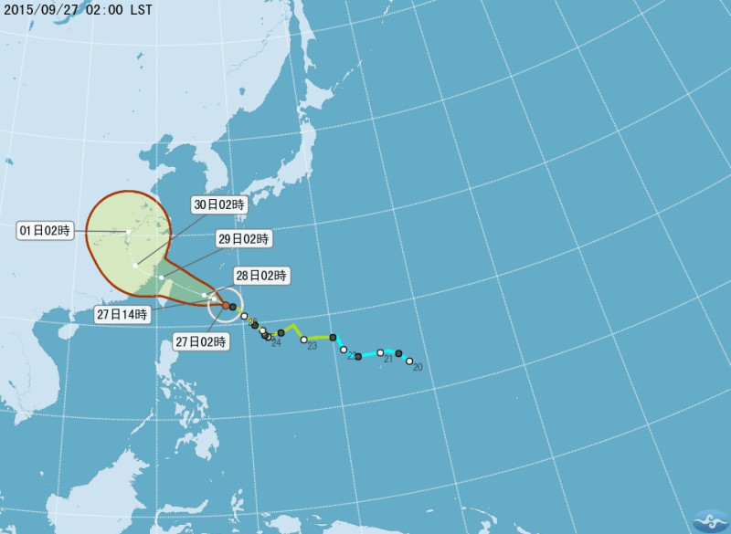 中颱杜鵑來襲，中央氣象局27日上午發布海上颱風警報，預測颱風可能28日傍晚登陸宜蘭或花蓮。圖：翻攝自中央氣象局網站   