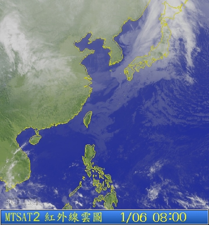 圖為1/06 8:00衛星雲圖。圖片來源：中央氣象局。   