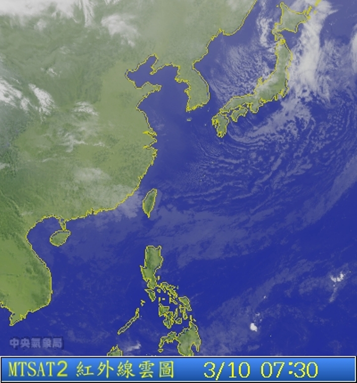 圖為3/10 7:00台灣的衛星雲圖。圖片來源：中央氣象局。   