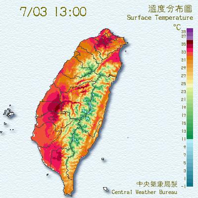 中央氣象局今(3)日表示，中午台北的氣溫已達攝氏36.1度，是今年的最高溫。圖片來源：翻攝自中央氣象局網站。   