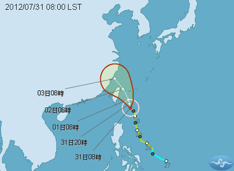 中央氣象局今天說，蘇拉颱風對台灣的影響可能會持續至8月3日中午。圖片來源：翻攝自中央氣象局網站。   