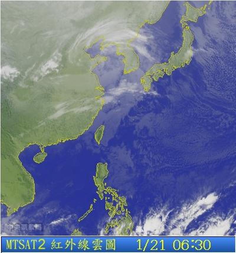 週四至週日大陸冷氣團影響期間，台灣附近沿海空曠地區及外島有較強陣風出現，請注意。圖為1/21 06:30台灣的衛星雲圖。圖片來源：中央氣象局。   