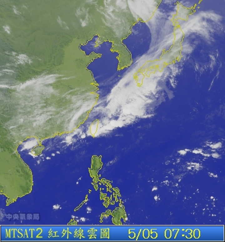 圖為5/05 7:30台灣的衛星雲圖。圖片來源：中央氣象局。   