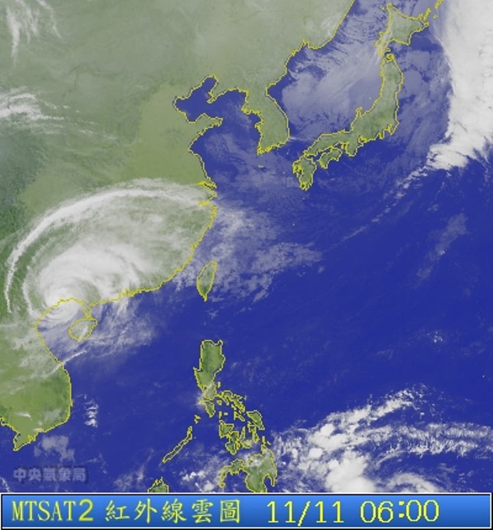 圖為11/11 6:00台灣的衛星雲圖。圖片來源：中央氣象局。   