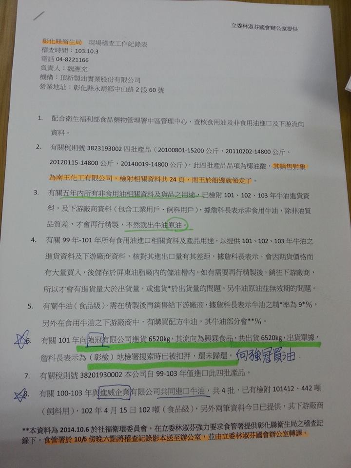 民進黨立委林淑芬今(9)日再爆料，正義的上游廠商「晉鴻」跟「福瀧」進口的是工業用廢油，不但不能食用，也不能擅自加進飼料內。圖：翻攝自林淑芬臉書。   