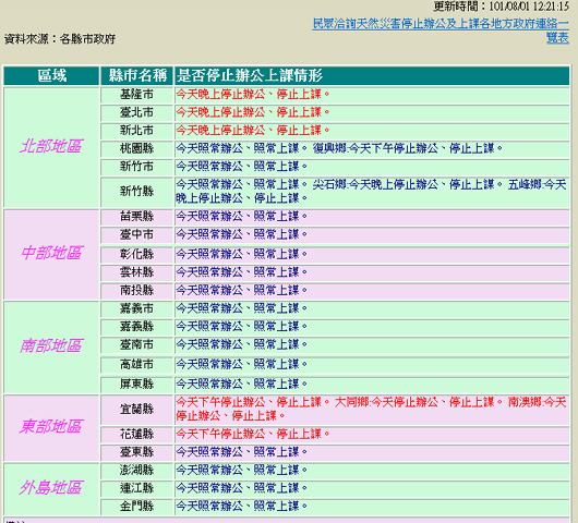 花蓮縣政府今天公布，下午全縣停班停課。圖片來源：翻攝自行政院人事行政總處網站。   