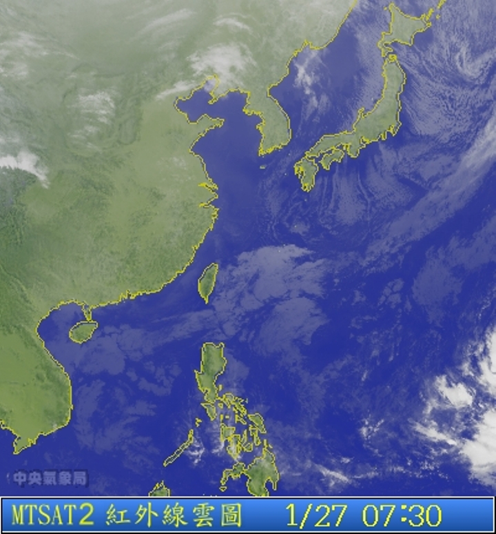 圖為1/27 7:30台灣的衛星雲圖。圖片來源：中央氣象局。   