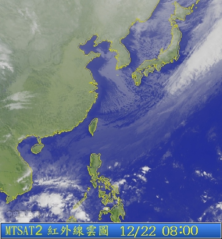 圖為12/22 8:00衛星雲圖。圖片來源：中央氣象局。   