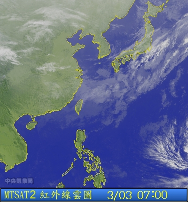 圖為3/03 7:00台灣的衛星雲圖。圖片來源：中央氣象局。   