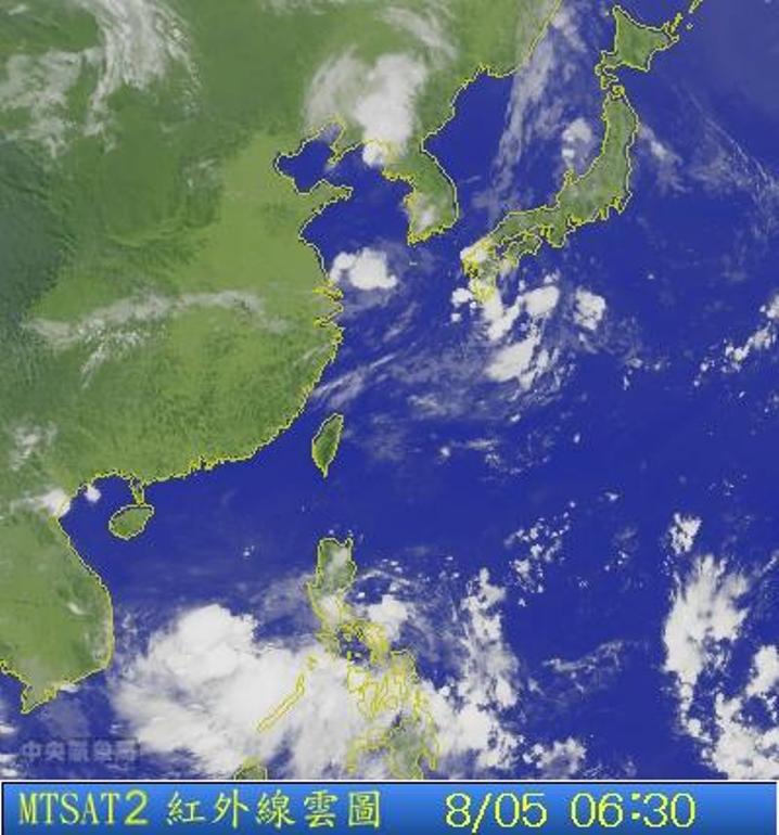 圖為8/05 6:30台灣的衛星雲圖。圖片來源：中央氣象局。   