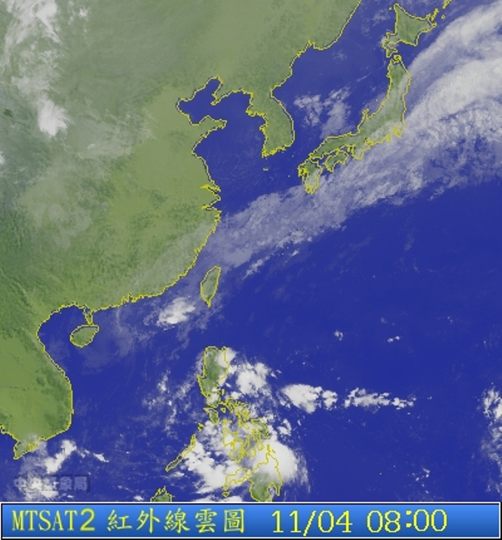 圖為11/4 8:00台灣的衛星雲圖。圖片來源：中央氣象局。   