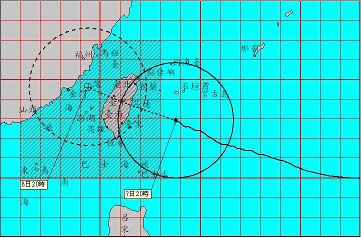 中颱蘇迪勒持續向台灣逼進，由於風雨量已達停班停課標準，因此全台22縣市晚間宣布8日停班停課。圖：中央氣象局官網   